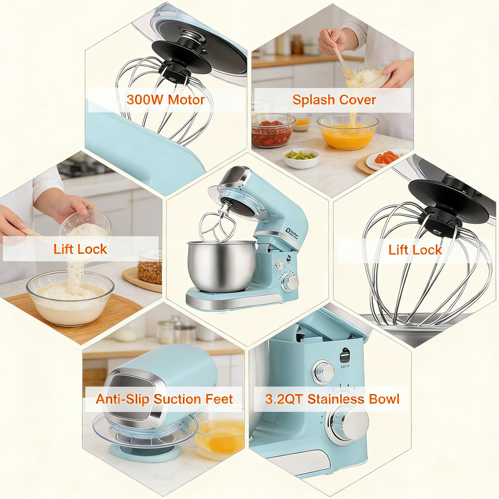 3.2QT Stand Mixer with 300W Motor & Multiple Attachments