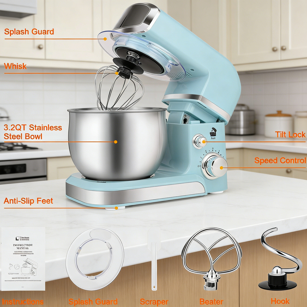 3.2QT Stand Mixer with 300W Motor & Multiple Attachments
